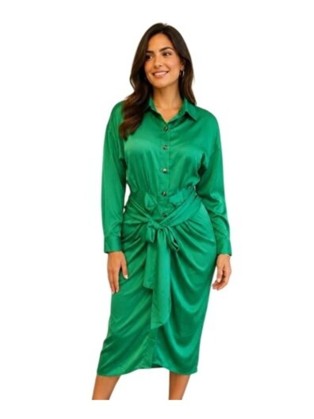 BTBFM Womens Satin Green Button-Down Tie-Waist Long-Sleeve Midi Shirt Dress S